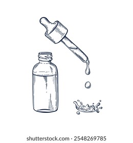 Glass dropper bottle hand drawn Isolated vector illustration. Sketch template for card design, packaging, cosmetics, medicine, treating, aromatherapy, healthcare decor. Engraving style