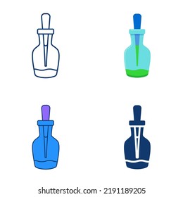 Glass dropper bottle icon set in flat and line style. Cosmetic or chemical container with pipette. Vector illustration.