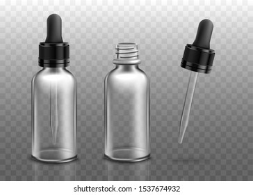 Mochila de botellas de gafas aisladas sobre fondo transparente, aceite facial realista o recipiente sérico con tapa negra abierta y cerrada - producto cosmético imitación ilustración vectorial