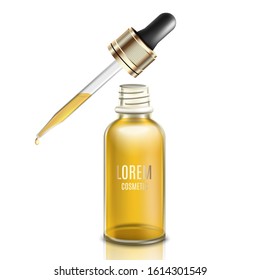 Glass dropper with golden yellow face oil or serum - realistic mockup of liquid beauty product with gold label text template. Isolated vector illustration.