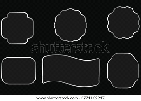 Glass Effect Abstract Frame Shapes Vector Set With Transparent Rounded Labels Badges And Decorative Borders Modern UI Design Elements Collection On Dark Background