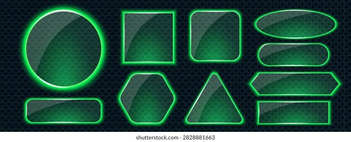 Glass effect rectangle and button neon box with 3d shape frame. Light morphism technology and title app icon with sign element background. Transparent button neon and glow glass holographic.