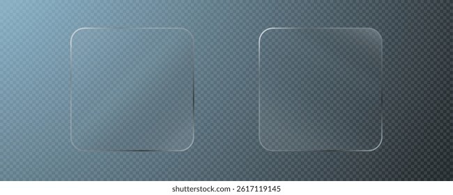 Glass effect, set of mirrors on transparent background, transparent glass showcase, mirror, window. Realistic glossy plate with glare, vector png.
