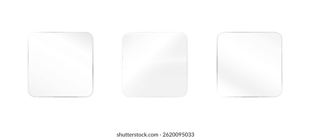 Glass effect, set of mirrors on transparent background, transparent glass showcase, mirror, window. Realistic glossy plate with glare, vector png.