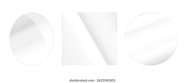 Efecto de vidrio, conjunto de espejos sobre fondo transparente, escaparate de vidrio transparente, espejo, ventana. Placa brillante realista con deslumbramiento, Vector png.