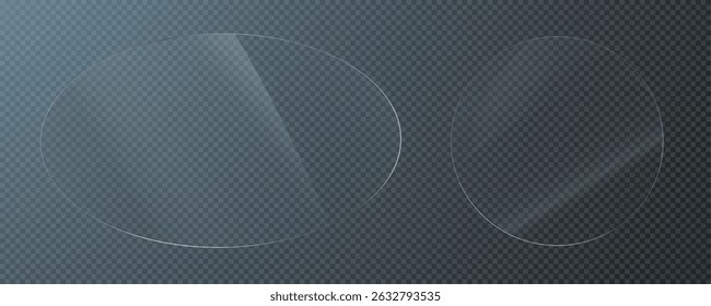 Glass effect, set of mirrors on transparent background, transparent glass showcase, mirror, window. Realistic glossy plate with glare, vector png.