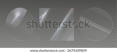 Glass effect, set of mirrors on transparent background, transparent glass showcase, mirror, window. Realistic glossy plate with glare, vector png.