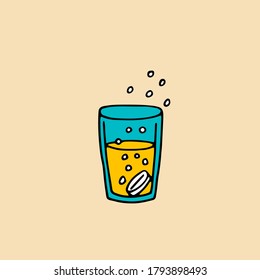 Un vaso con un comprimido efervescente, una vitamina. El medicamento es soluble en agua. Carbonizado. Ilustración de doodles vectoriales coloridos.