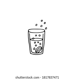 A glass with an effervescent tablet, a vitamin. The medicine is soluble in water. Carbonated. Vector doodle illustration. Black and white outline.