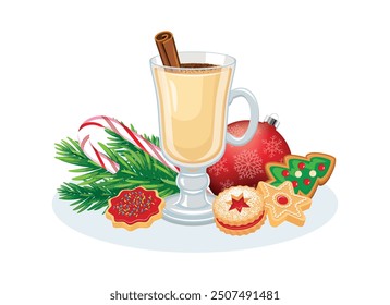 Glas aus Eiern und Weihnachtskeksen, Vektorgrafik. Ei-Drink und Weihnachts-Kurzbrot-Kekse, Symbolvektor einzeln auf weißem Hintergrund. Weihnachtsgetränk Stillleben Zeichnung