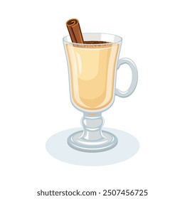 Glass of eggnog and cinnamon stick vector illustration. Eggnog drink icon vector isolated on a white background. Coffee glass with a handle drawing. Eggnog with cinnamon in a glass cup vector