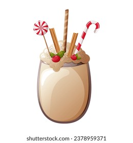 Glass of eggnog drink with berries, cinnamon and lollipops. Vector illustration isolated on white background, cartoon style
