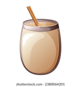 Glass of eggnog drink with cinnamon stick. Vector illustration isolated on white background, cartoon style
