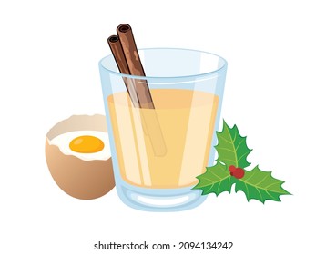 Glass of eggnog with egg and cinnamon icon vector. Eggnog drink and holly mistletoe icon isolated on a white background. Christmas drink vector