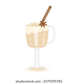 Glass of eggnog on white background. Beverage eggnog in cup with cinnamon straw and anise star.Christmas or sweet winter drink in mug.Xmas egg milk punch.New year homemade cocktail.Vector illustration