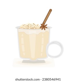 Glass of eggnog on white background. Beverage eggnog in cup with cinnamon straw and anise star.Christmas or sweet winter drink in mug.Xmas egg milk punch.New year homemade cocktail.Vector illustration