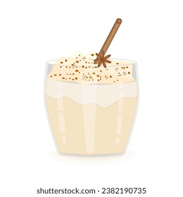 Glass of eggnog on white background. Beverage eggnog in cup with cinnamon straw and anise star.Christmas or sweet winter drink in mug.Xmas egg milk punch.New year homemade cocktail.Vector illustration