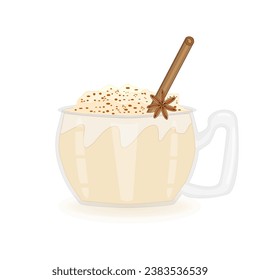 Glass of eggnog on white background. Beverage eggnog in cup with cinnamon straw and anise star.Christmas or sweet winter drink in mug.Xmas egg milk punch.New year homemade cocktail.Vector illustration