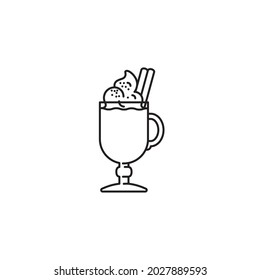 Glass of Eggnog with whipped cream, cinnamon stick and cocoa vector line icon for Eggnog Day on December 24