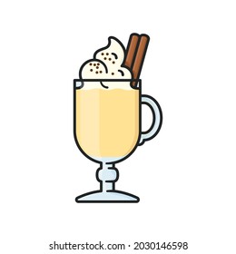 Glass of Eggnog with whipped cream, cinnamon stick and cocoa isolated vector illustration for Eggnog Day on December 24