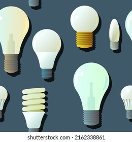 Glass electric light bulb. Lighting device. Energy Saving Technologies. Seamless pattern. Vector.