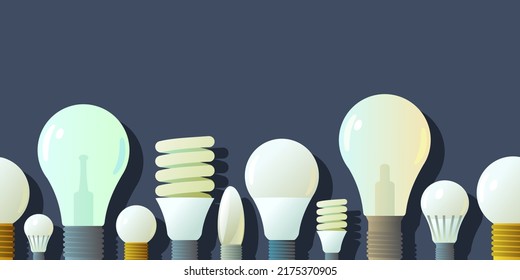 Bombilla eléctrica de vidrio. Dispositivo de alumbrado. Tecnologías de ahorro de energía. Borde de composición horizontal sin fisuras inferior. Vector
