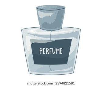 Glass elegant bottle of fragrant perfume. Vector isolated cartoon blue eau de parfum.