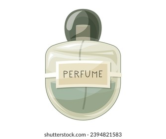 Glass elegant bottle of fragrant perfume. Vector isolated cartoon green eau de parfum.