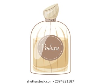 Glass elegant bottle of fragrant perfume. Vector isolated cartoon yellow eau de parfum.