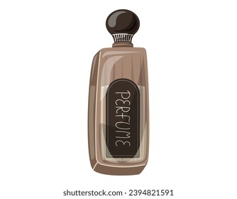 Glass elegant bottle of fragrant perfume. Vector isolated cartoon eau de parfum.