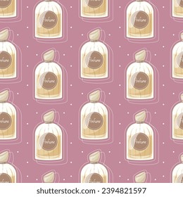 Glass elegant bottle of fragrant perfume. Vector seamless pattern, cartoon yellow eau de parfum.