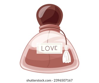 Glass elegant bottle of fragrant perfume. Vector isolated cartoon red eau de parfum.