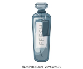 Glass elegant bottle of fragrant perfume. Vector isolated cartoon blue eau de parfum.