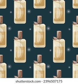 Glass elegant bottle of fragrant perfume. Vector seamless pattern, cartoon eau de parfum.