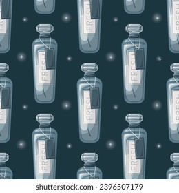 Glass elegant bottle of fragrant perfume. Vector seamless pattern, cartoon blue eau de parfum.