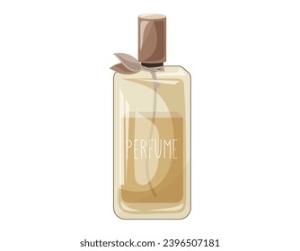 Glass elegant bottle of fragrant perfume. Vector isolated cartoon yellow eau de parfum.