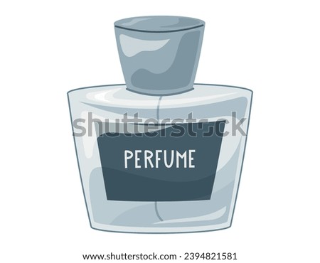 Glass elegant bottle of fragrant perfume. Vector isolated cartoon blue eau de parfum.