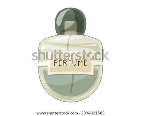 Glass elegant bottle of fragrant perfume. Vector isolated cartoon green eau de parfum.