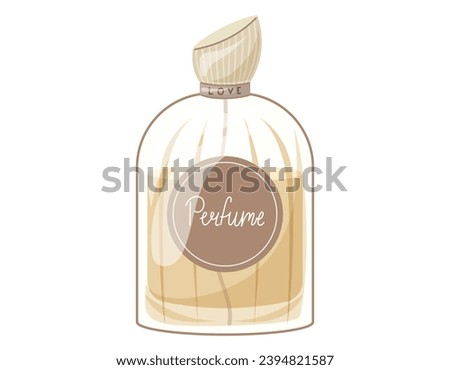 Glass elegant bottle of fragrant perfume. Vector isolated cartoon yellow eau de parfum.