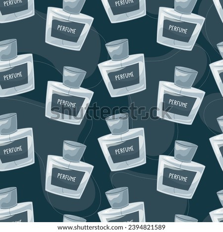 Glass elegant bottle of fragrant perfume. Vector seamless pattern, cartoon blue eau de parfum.