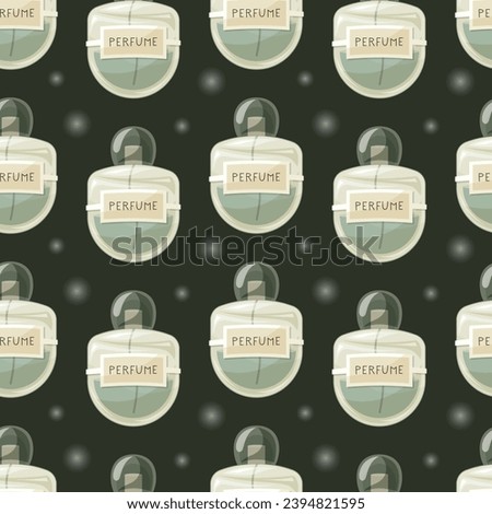 Glass elegant bottle of fragrant perfume. Vector seamless pattern, cartoon green eau de parfum.