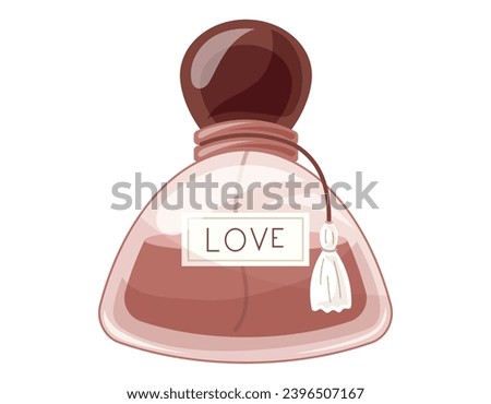 Glass elegant bottle of fragrant perfume. Vector isolated cartoon red eau de parfum.