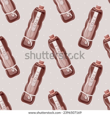 Glass elegant bottle of fragrant perfume. Vector seamless pattern, cartoon red eau de parfum.