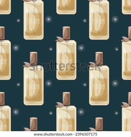 Glass elegant bottle of fragrant perfume. Vector seamless pattern, cartoon eau de parfum.