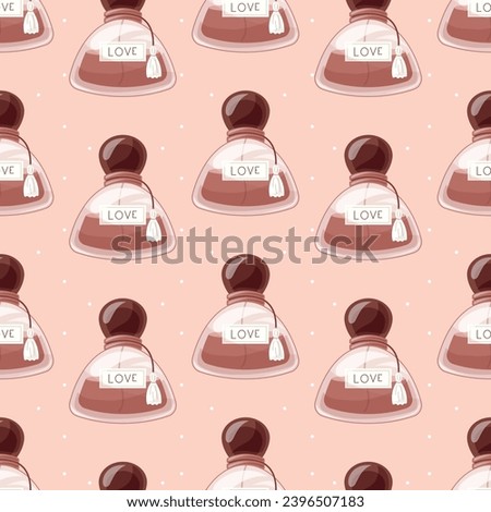 Glass elegant bottle of fragrant perfume. Vector seamless pattern, cartoon red eau de parfum.