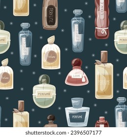 Glass elegant bottles of fragrant perfume. Vector seamless pattern, cartoon eau de parfum.