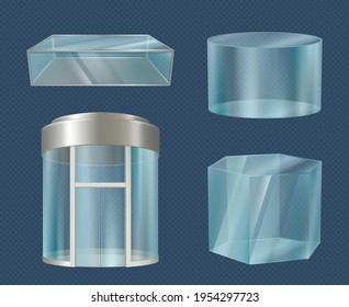 Glass elevator. Modern transparent 3d boxes stylish forms cube cylinders mall showcase for advertising decent vector realistic illustrations