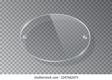 Glass ellipse plate isolated on transparent background. Vector realistic horizontal oval acrylic frame with steel rivets.