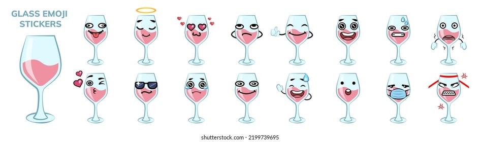 Glass emoji stickers set. Glass with various emotions isolated vector sticker pack. Red wine glass sad, in love, mad, happy and crying. Funny cartoon sticker pack collection.