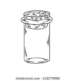 Glass empty bottle jar. Vector illustration of kitchen object doodle style sketch. Black lineart drawing isolated on white. Design for coloring book page